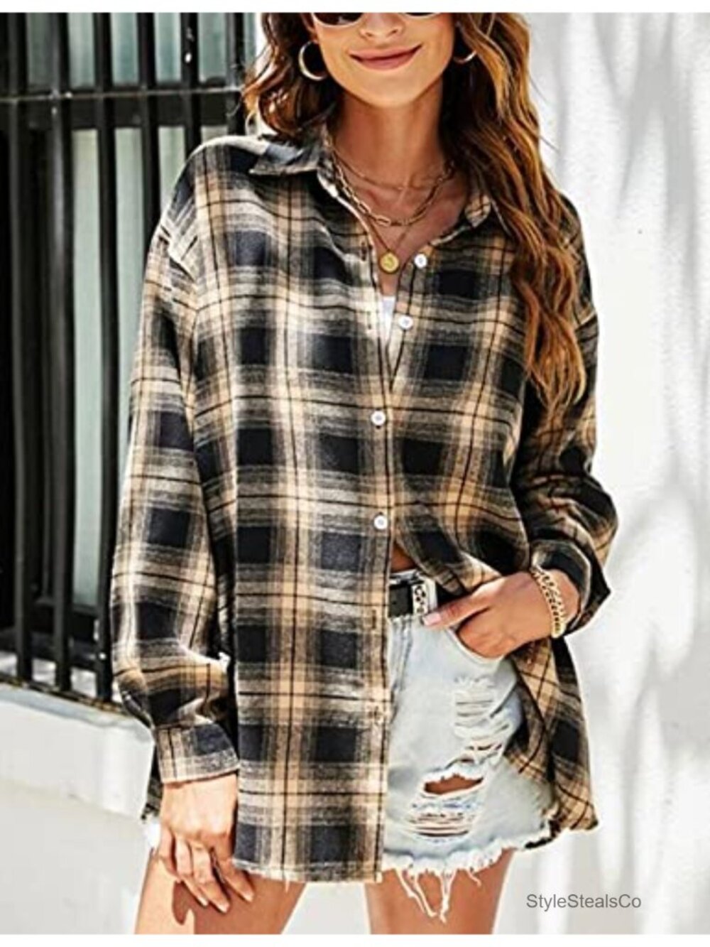 Oversized Flannel Button Down Shirt Women Long Sleeve Plaid - Picture 2 of 6